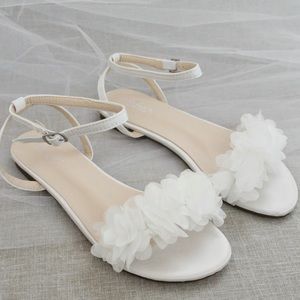 Kailee P White Satin Flat Sandal with Chiffon Flowers and Ankle Strap